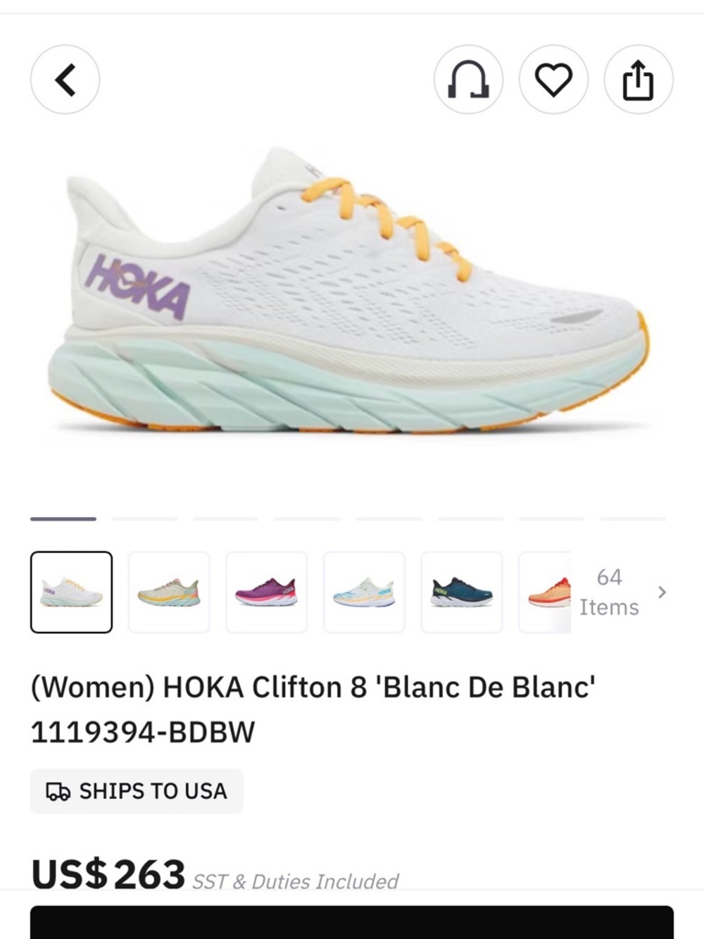 Hoka One One Women's Clifton 8 - White with Light Teal and Yellow